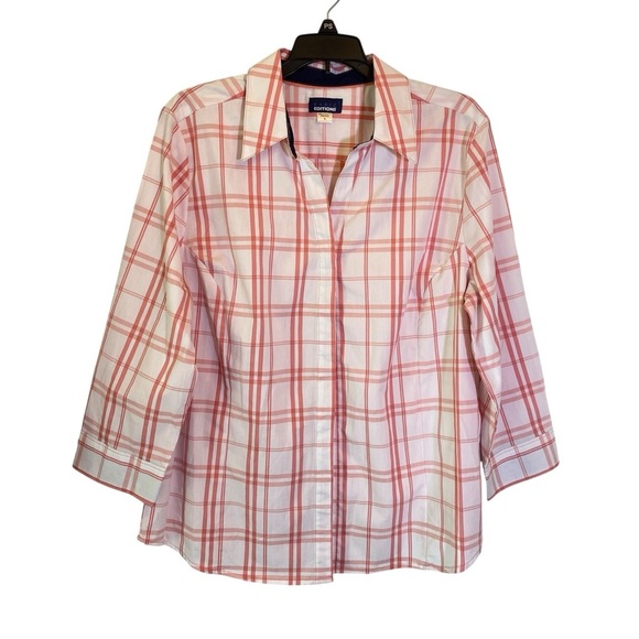Basic Editions Women Size XL 3/4 Sleeve Pink Coral Plaid Button Up Shirt Blouse - Picture 1 of 6